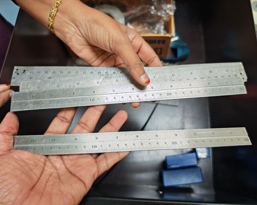 Steel rules (calibrated), stainless - Stanley stainless steel rules ~300 mm/12 in (x2) and one longer ~600 mm/24 in