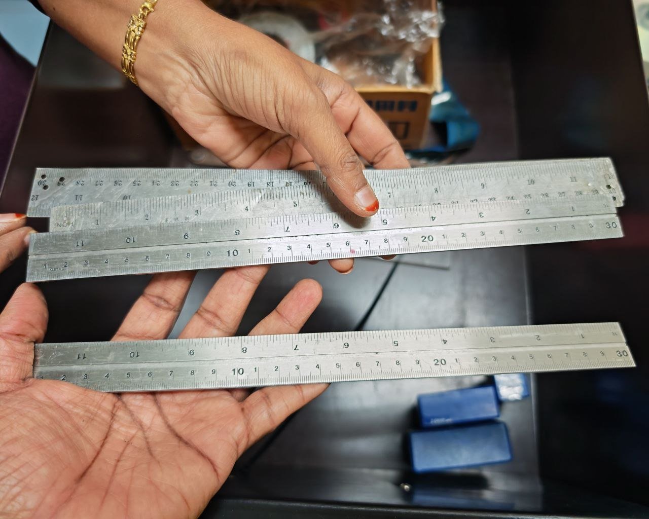 Steel rules (calibrated), stainless - Stanley stainless steel rules ~300 mm/12 in (x2) and one longer ~600 mm/24 in